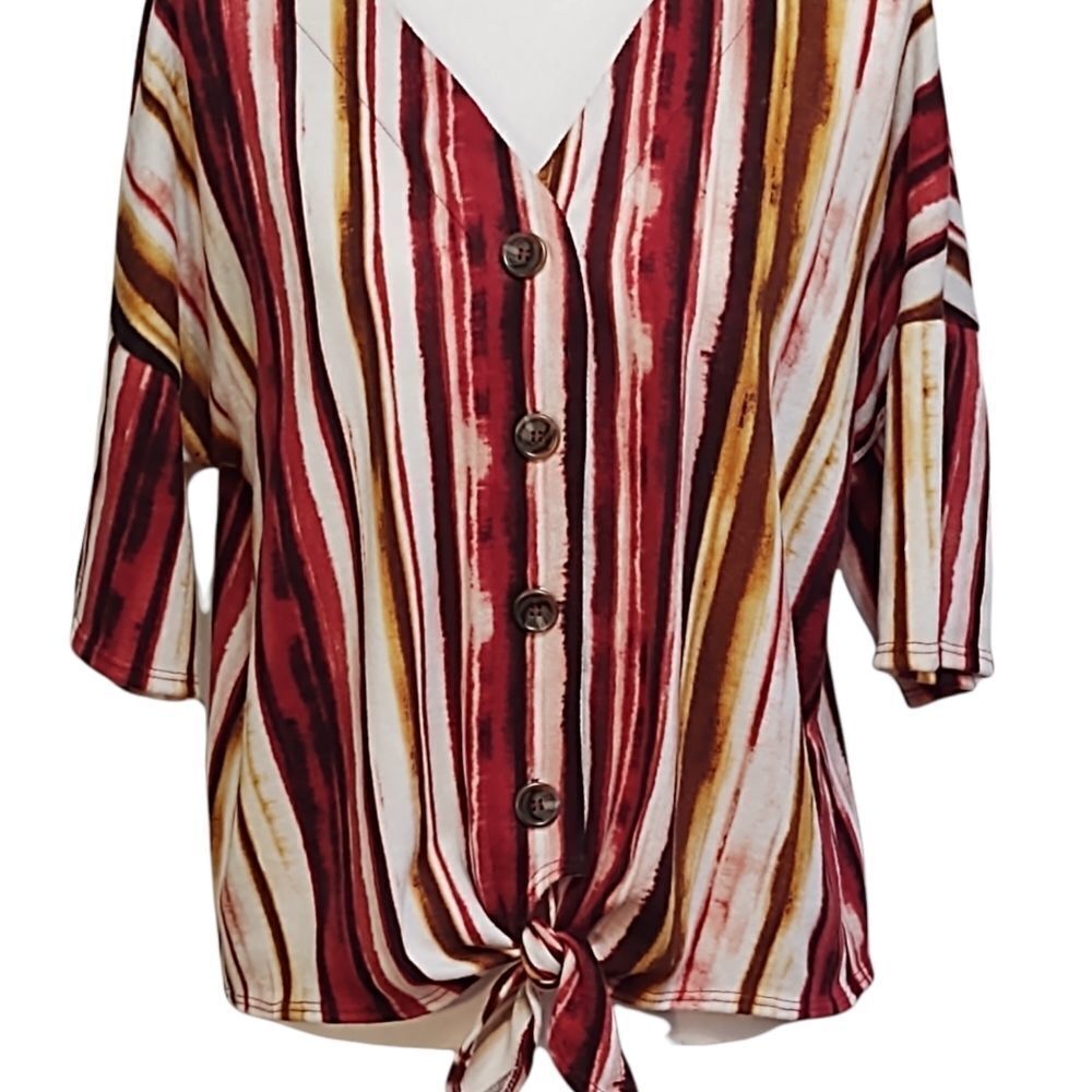 FGD Striped Button Front 3/4 Sleeve Sweater w/ Tie Waist L